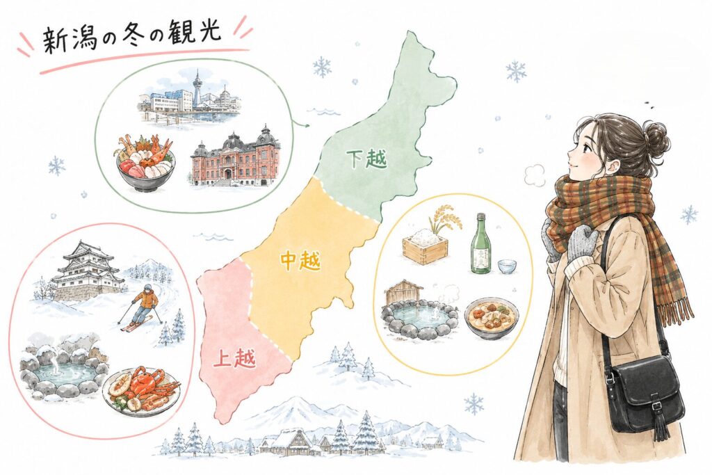 新潟県の冬観光を紹介する手描き風イラスト。新潟県を上越・中越・下越の3エリアに色分けし、それぞれの特徴をスキー、温泉、日本酒、海鮮、港町などの挿絵で表現。右側にはマフラーを巻いた冬服の女性イラストが描かれている。