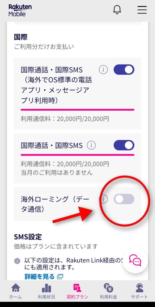 画像6.楽天モバイル「海外ローミング」設定画面のスクリーンショット