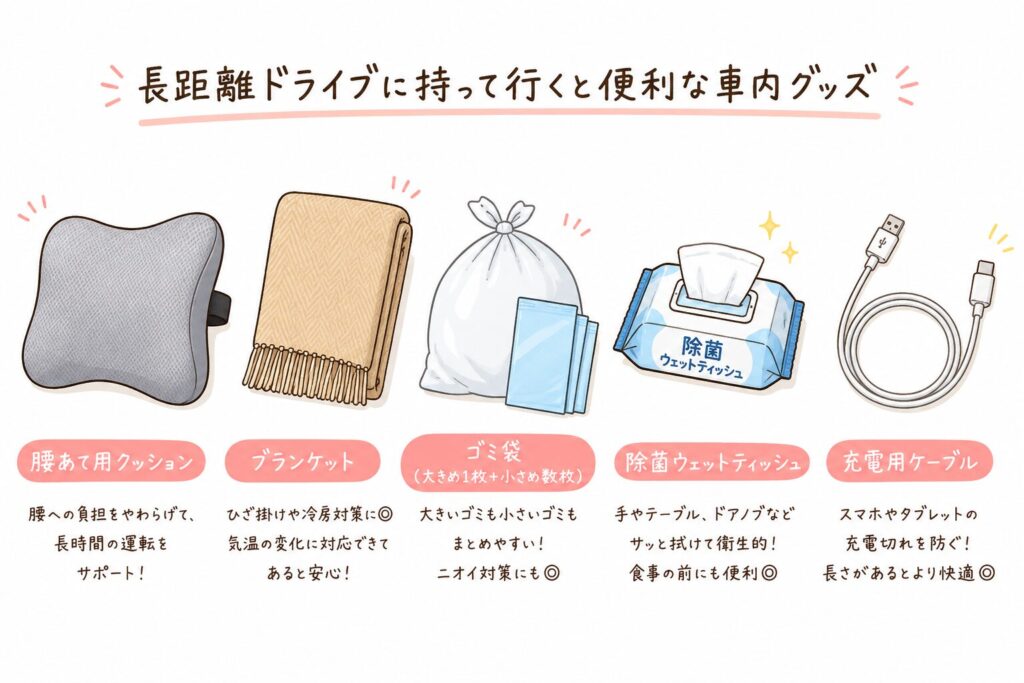長距離ドライブに便利な車内グッズ chatGPT作成画像
