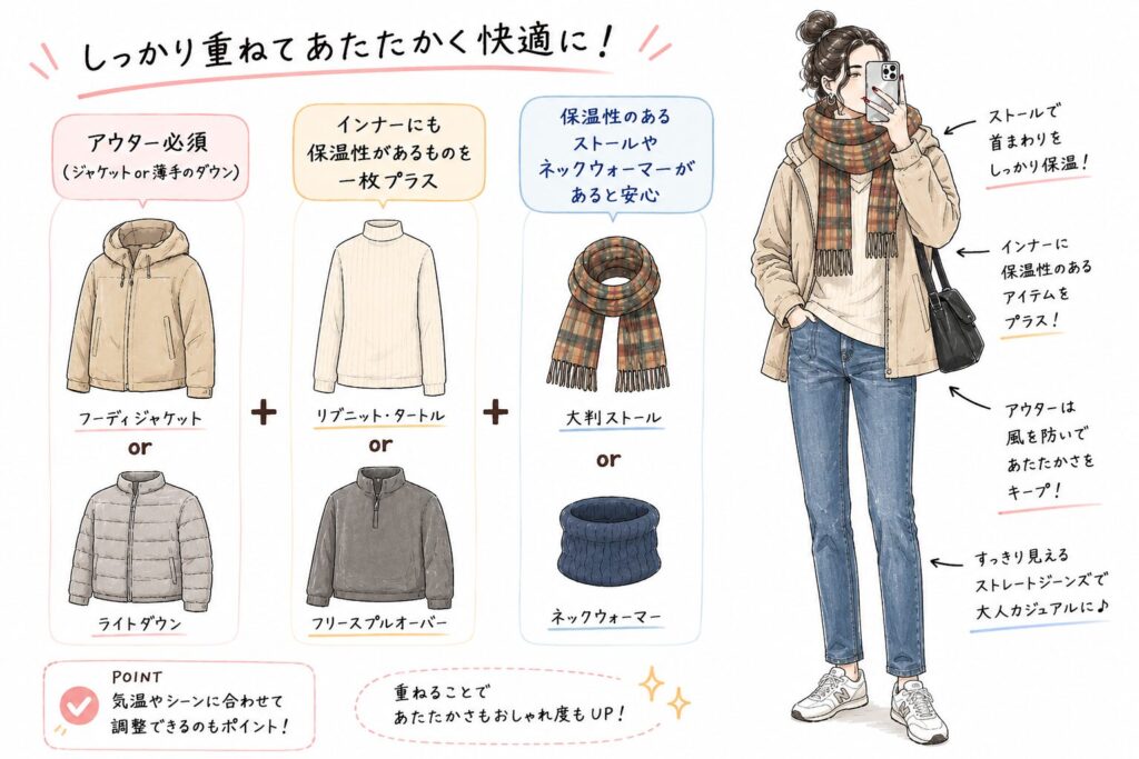 寒い季節の服装の重ね着例を紹介する図解。ジャケットや薄手ダウンなどのアウター、保温性のあるインナー、ストールやネックウォーマーを組み合わせた防寒コーディネートをイラスト付きで説明している。 chatGPT作成画像