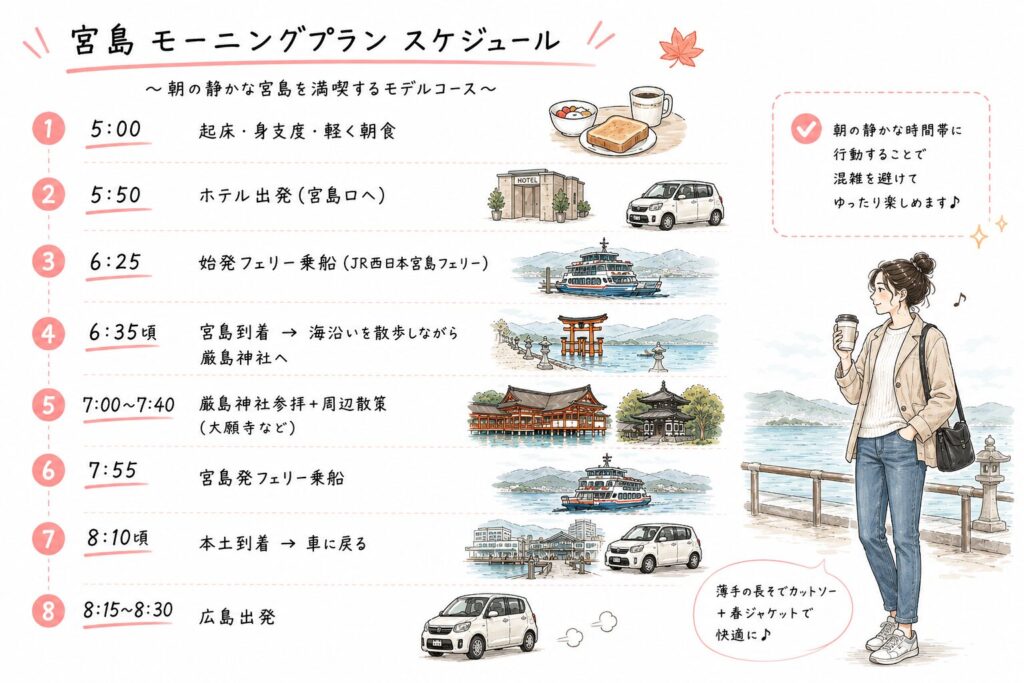 厳島神社に早朝さんぽしたときのタイムスケジュール。 chatGPT作成画像