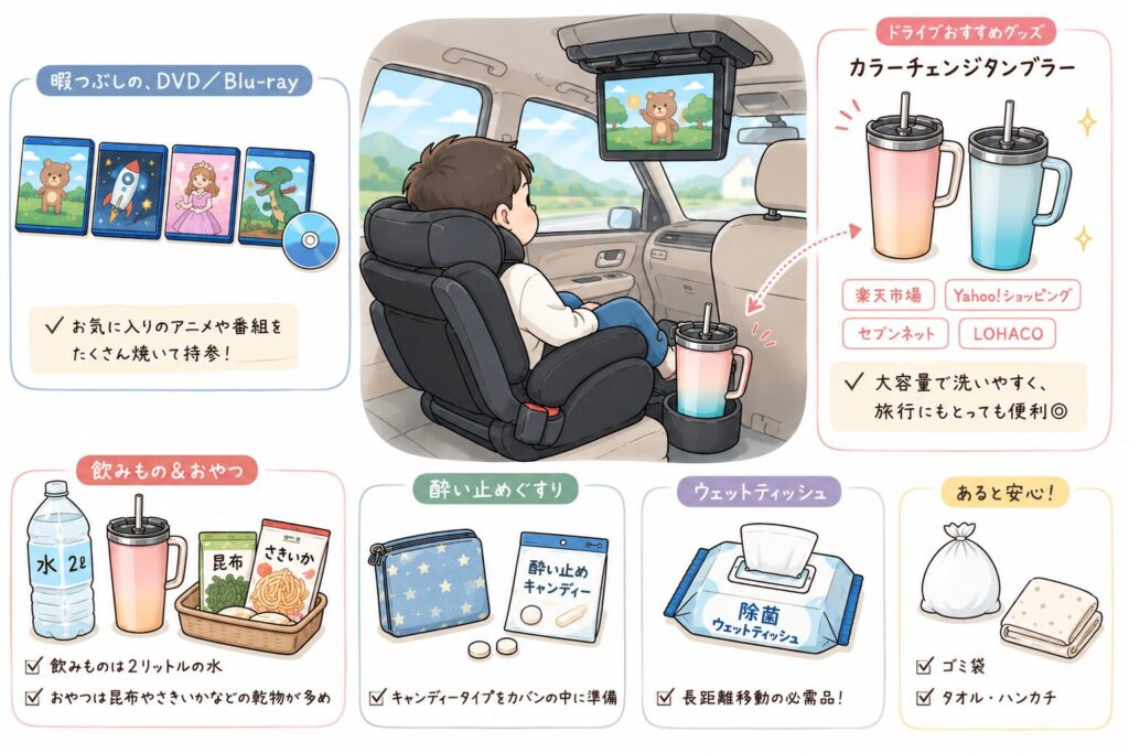 長距離ドライブに便利な車内グッズ chatGPT作成画像