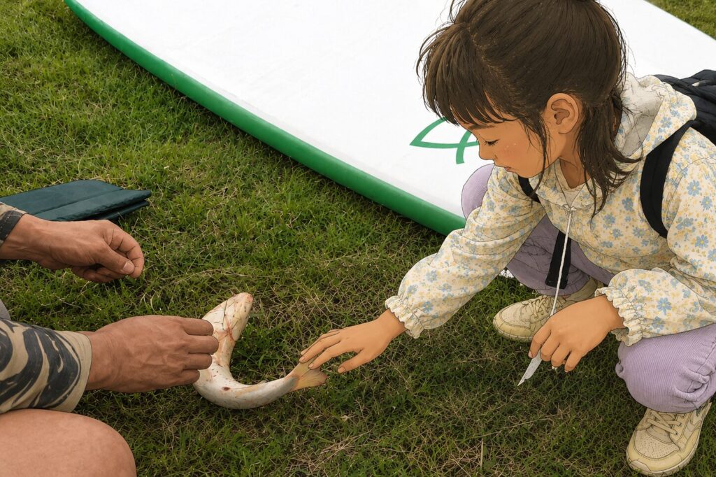 キャンプの魚釣りで釣れた魚を触っている様子