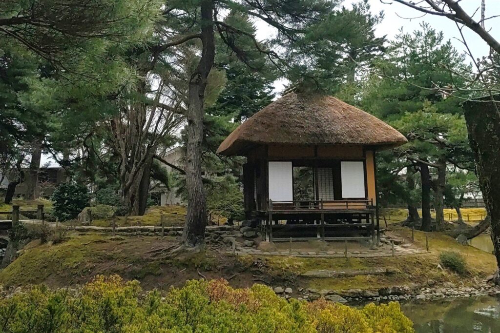 御薬園の池と、池の中央に建つ茶室 楽寿亭