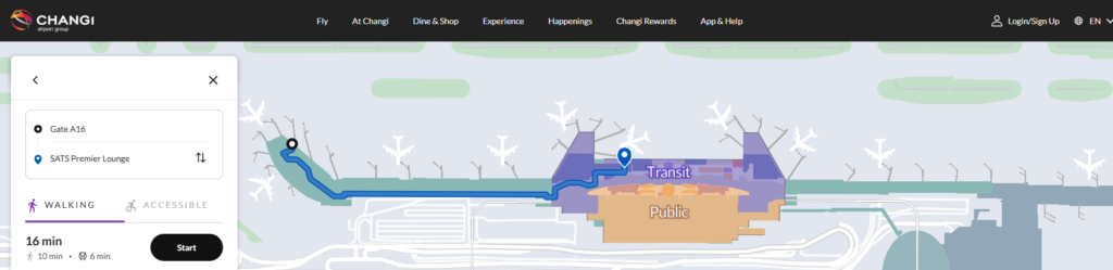 チャンギ空港T3ラウンジSATS Premier Loungeまでの地図