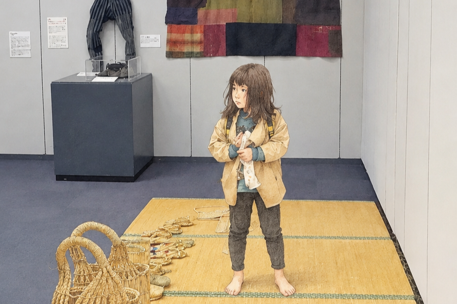 福島県立博物館で、わらじを手に持ってむしろの上に立つ娘。背後に蓑や背負いかごの展示