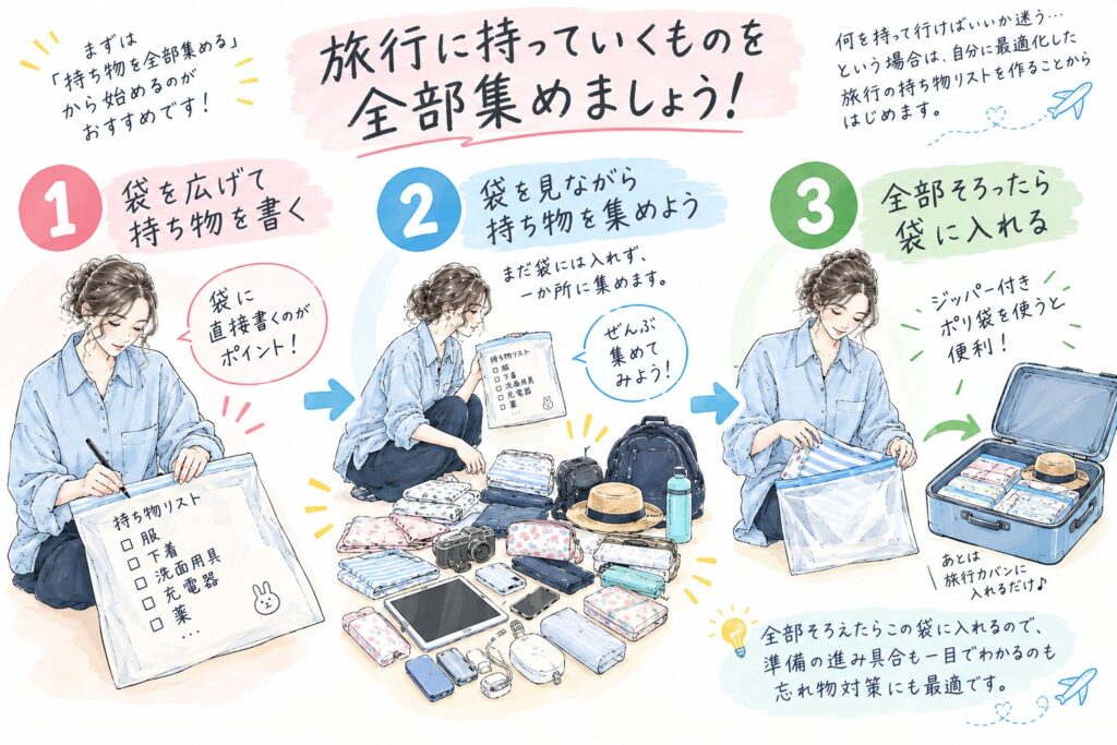 旅行の荷造り3ステップの図解|①袋に持ち物を書く ②袋を見ながら集める ③全部そろったら袋に入れる