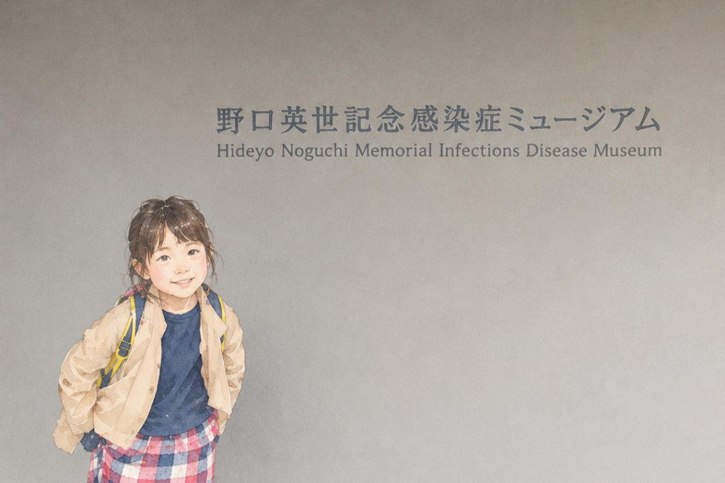 野口英世記念感染症ミュージアムのサインの前に立つ娘