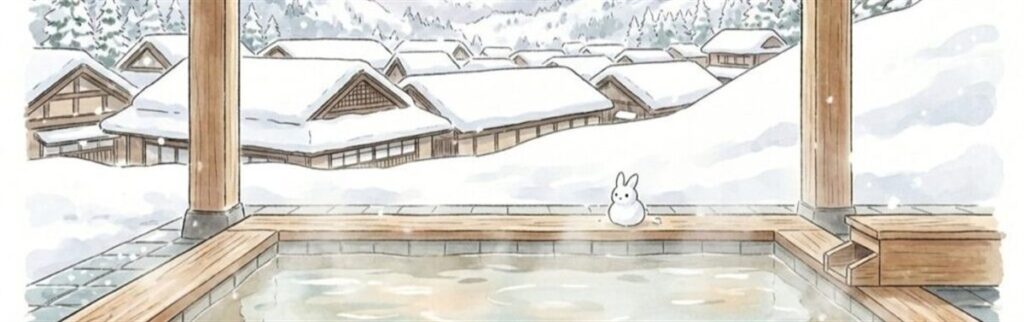 雪がしんしんと降る山々をのぞむ、冬の新潟の雪見露天風呂のイラスト